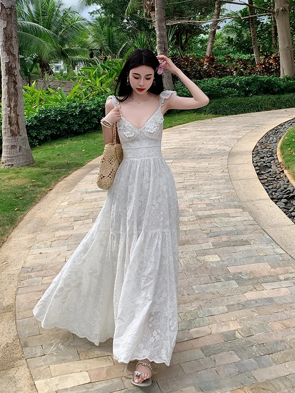 Beachy White Lace Stickerei Strapl Bal Dr Island Aosphere Schöner Rock Hohe Taille Baumwoll-Polyester-Mischung Sum...