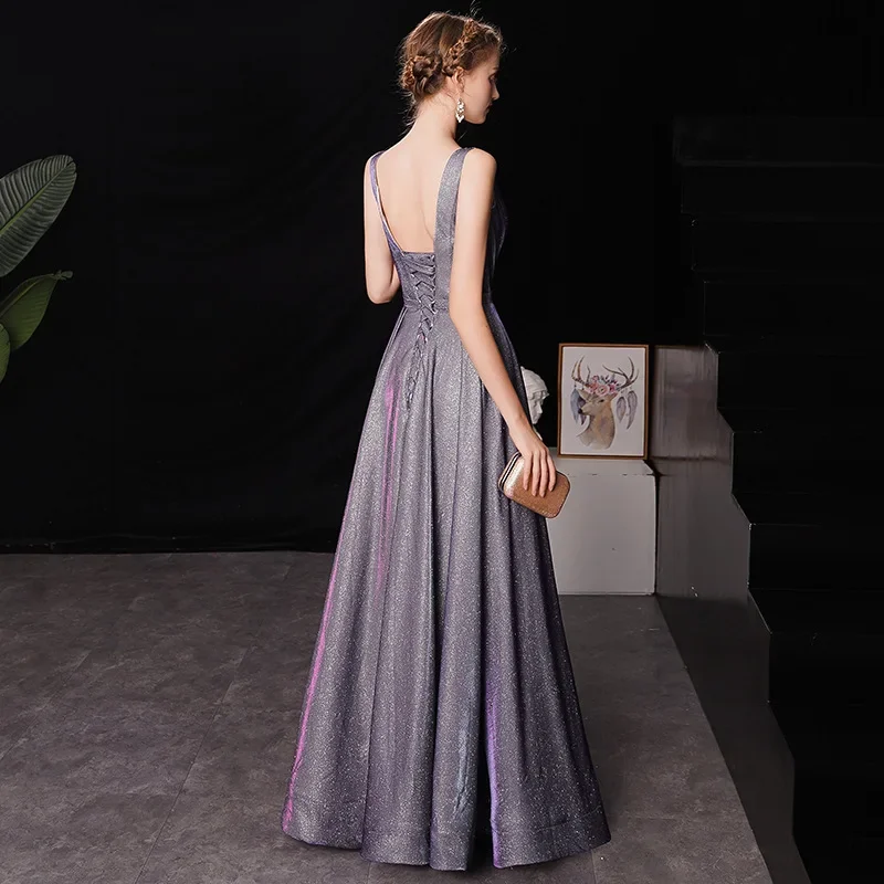 It\'s YiiYa Evening Dress Shining Gradient Color Purple Formal Dresses Little Crystal V-neck Tank Lace Up Long Party Gown E034