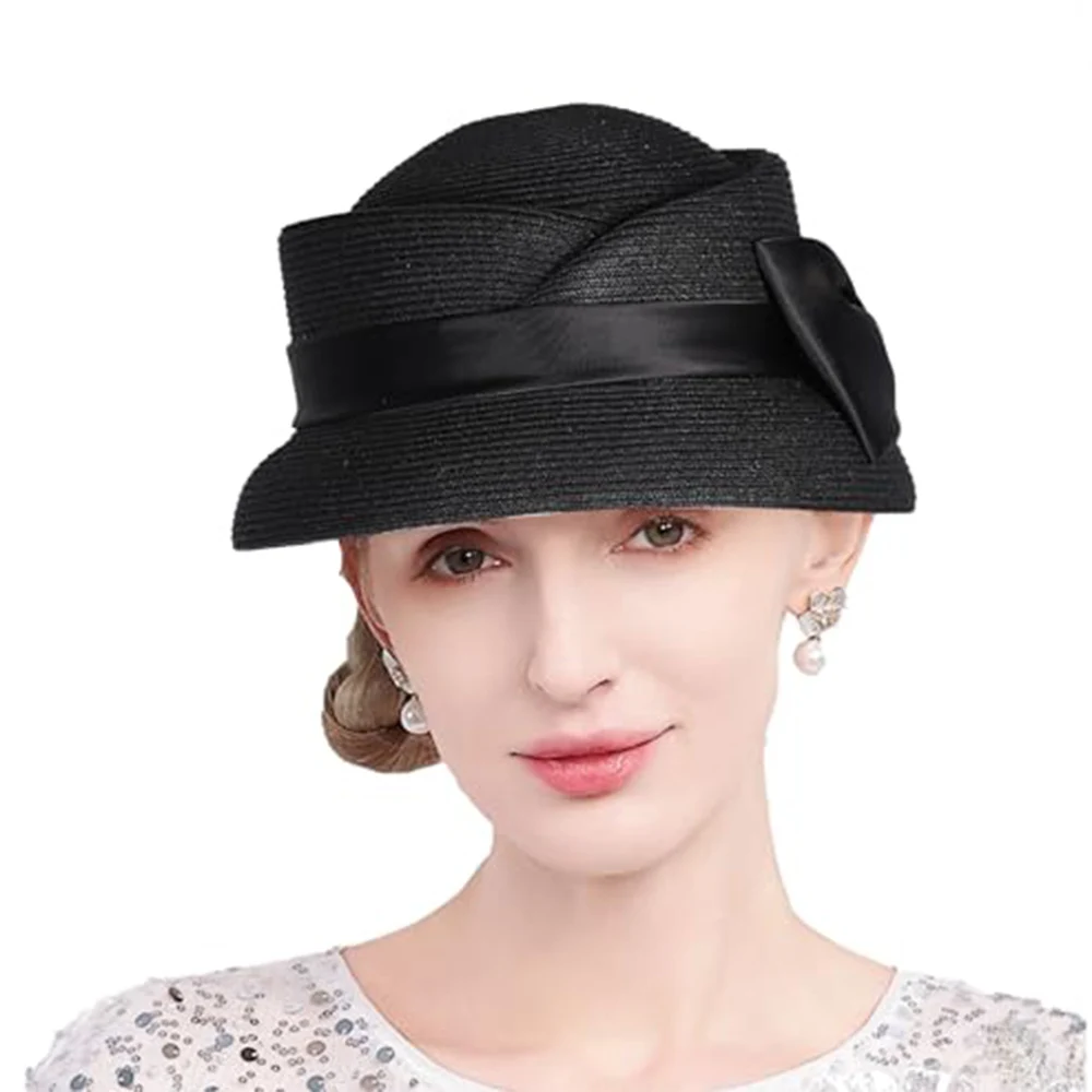 ‌ FS 2025 Sommer elegante Stroh-Fedoras im französischen Stil mit Schleife, Kirche, Hochzeit, Eimerhüte, Damen-Cocktailparty, Derby, Millinery