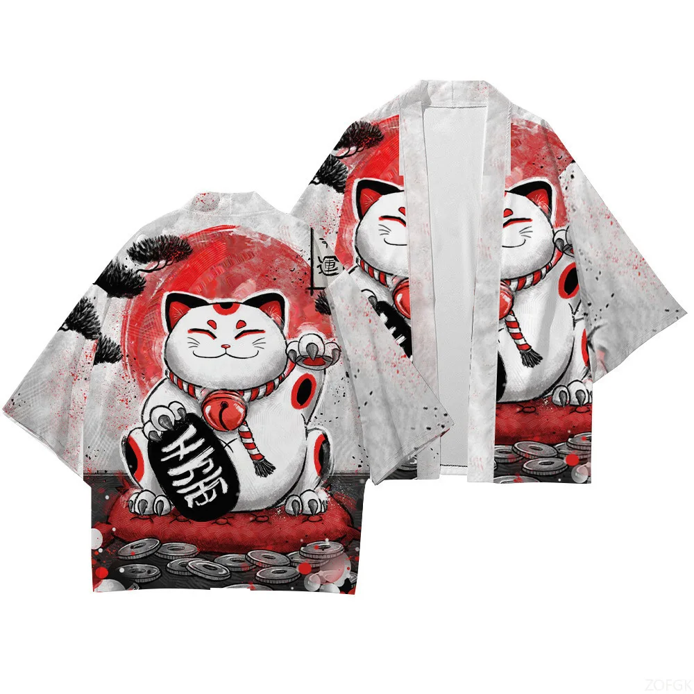 Japanese Ukiyo-e Kimono Cloak 3D Printed Lucky Cat Loose and Trendy Seven Quarter Sleeved Yukata Cardigan Taoist Robe Jacket