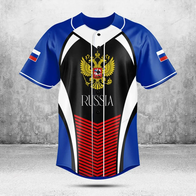 Custom Name Russia Flag Graphic Button Shirt Summer Casual Loose Oversized Baseball Team Jersey Fast Dry Short Sleeve Tops