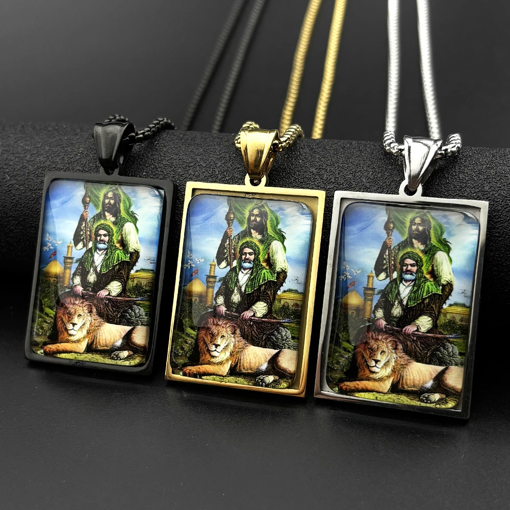 Islam Imam Prophet Muhammad Hussein Lion Muslim Stainless Steel Pendant Necklace for Women Men Silver Color Arab Amulet Jewelry