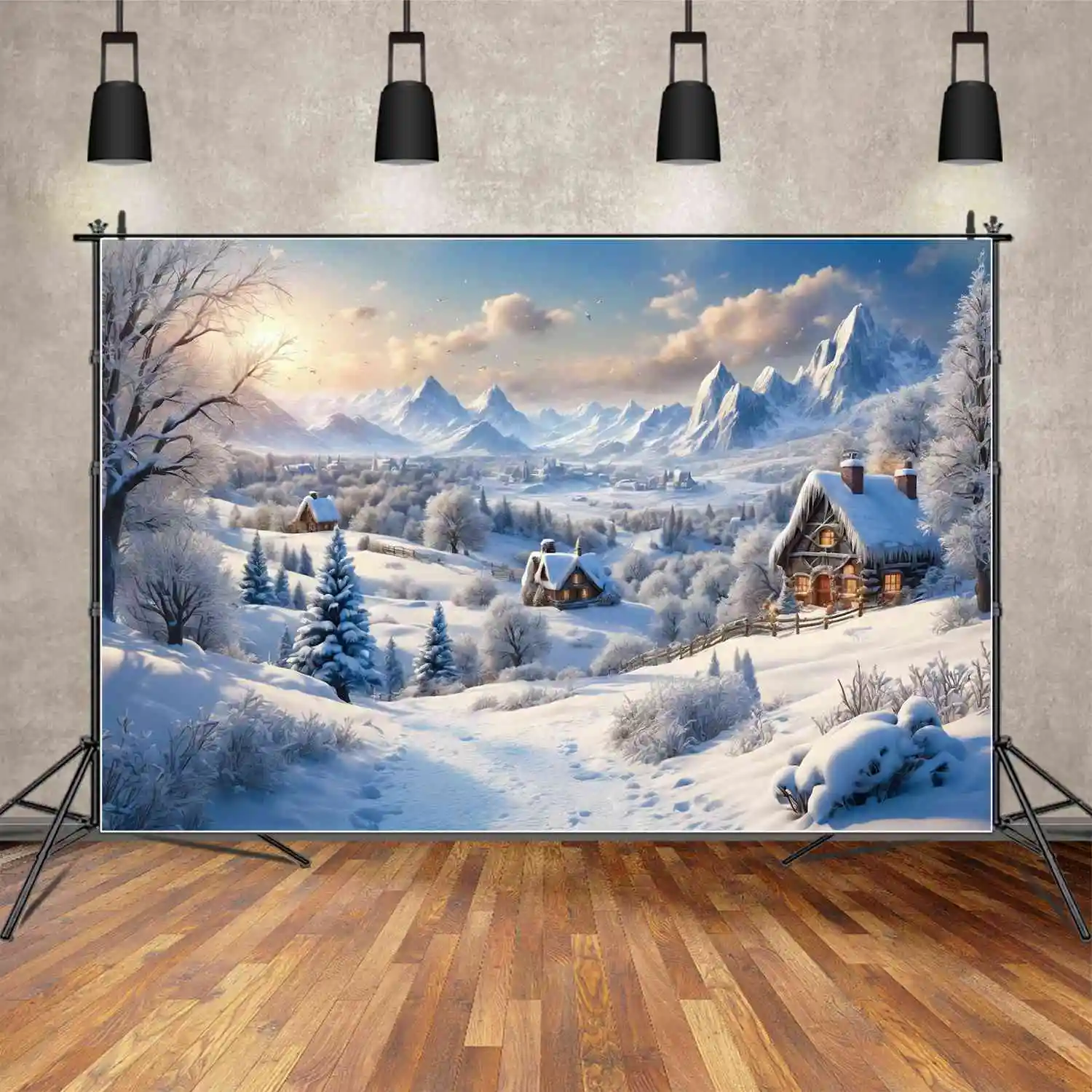 MOON.QG Backdrop Christmas Village Decorations Backgrounds for Photography Snow Winter Mountain Forest Home Hut Shooting Props