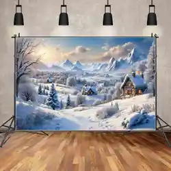 MOON.QG Backdrop Christmas Village Decorations Backgrounds for Photography Snow Winter Mountain Forest Home Hut Shooting Props