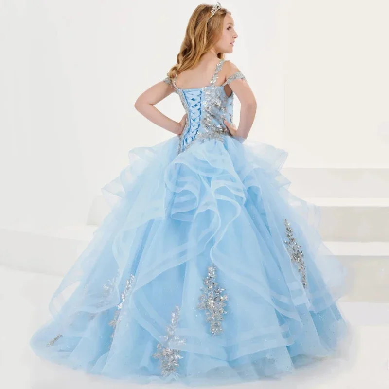 Vestidos de niña de flores sin mangas para boda, fiesta de cumpleaños, banquete, vestidos de princesa, tul azul cielo, apliques de flor plateada escalonados