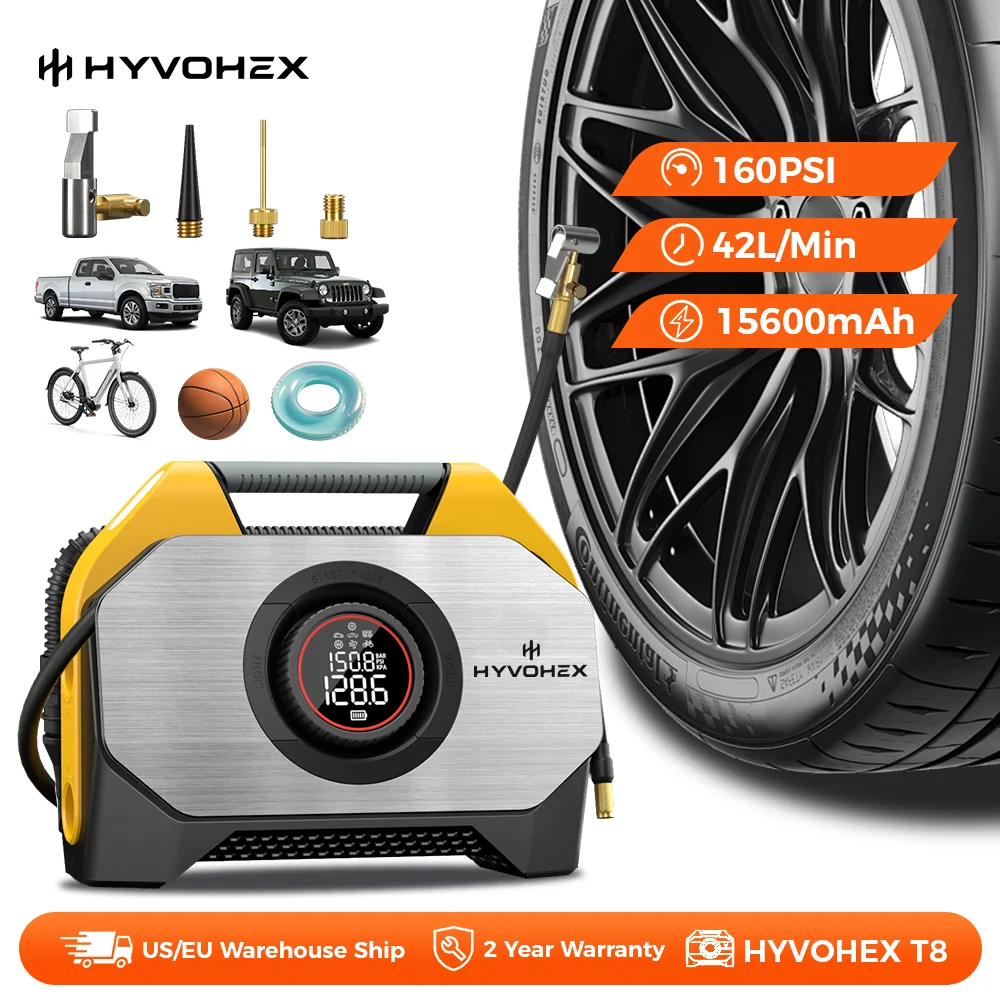 

Новый портативный воздушный компрессор HYVOHEX T8, 100% рабочий цикл и двухцилиндровый, 19200 мАч, автомобильный насос для накачивания шин, велосипедный насос, воздушный насос