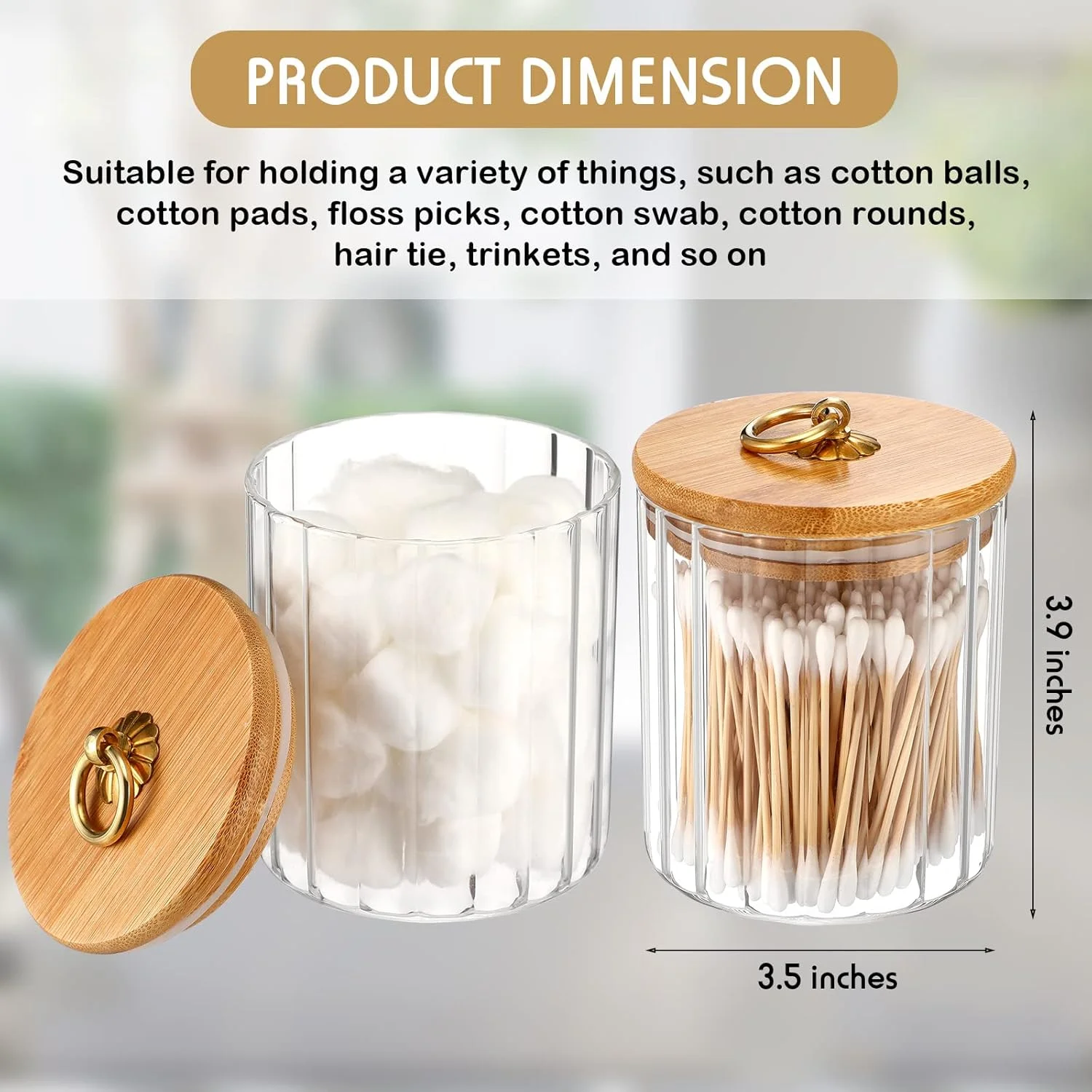 2 Pack Glass Jars with Bamboo  Bathroom Canisters Apothecary Jars Set Cotton Ball Holder Bathroom Containers Cotton Dispenser Ba