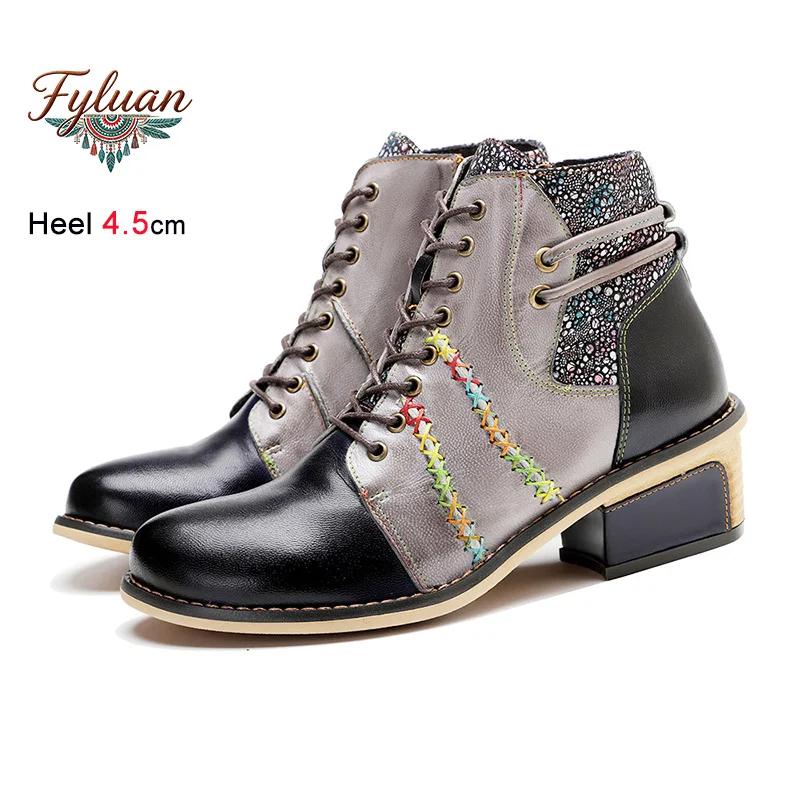 

Female Lace-up Genuine leather sheepskin 4.5CM Chunky Heel Outdoors Casual Boots Retro Women Shoes Color blocking Short Boots