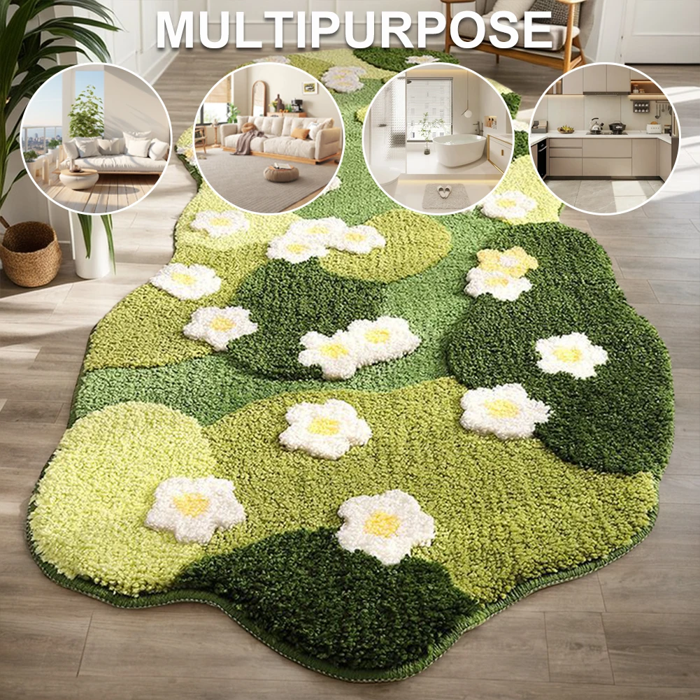 Green Forest Irregular Floor Mat Fluffy Moss Green Carpet Three-Dimensional Flocking Bedroom Rug Flocked Green Plush Bedroom Rug