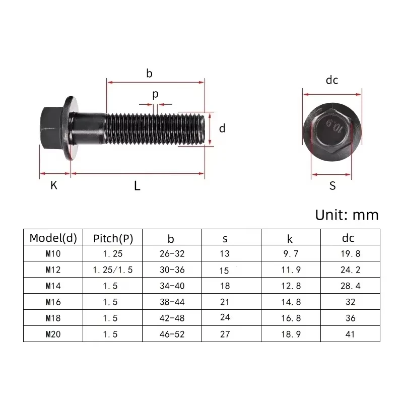 1pcs Grade 10.9 Black Carbon Steel Flanged Hex Head Bolt Cap Screw Fine Thread Pitch 1.25/1.5mm Flange Screw M10 M12 M14 M16 M20