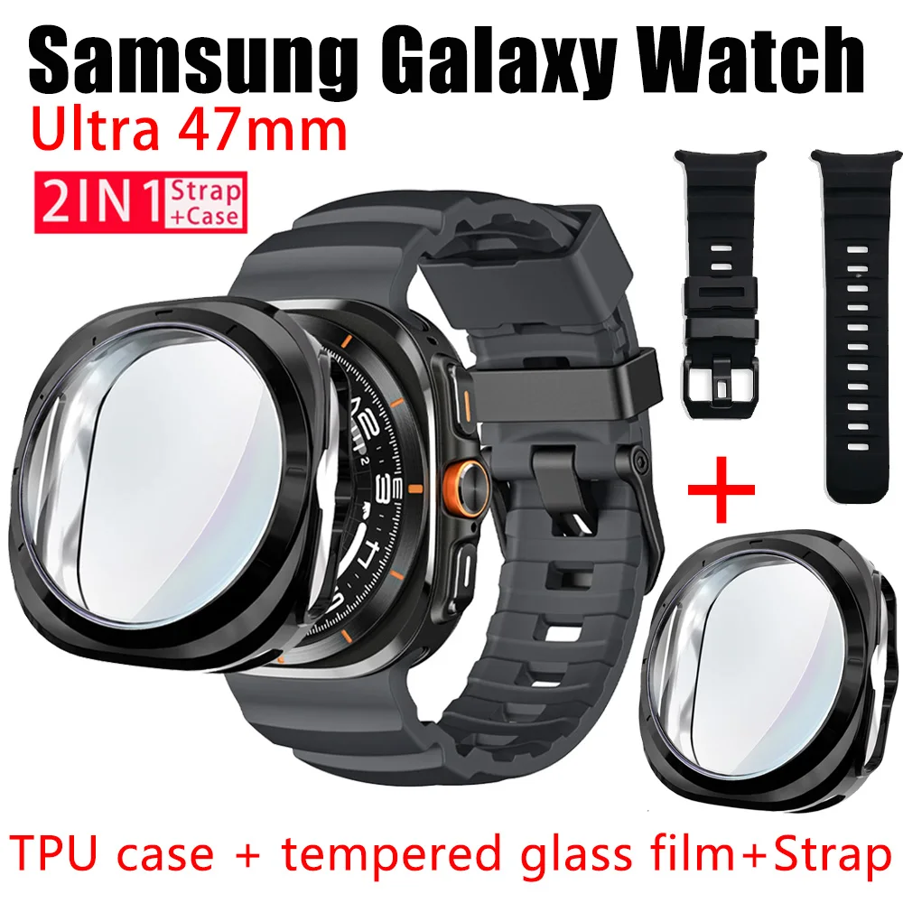 Silikonarmband + Gehäuse für Samsung Galaxy Watch Ultra 47 mm, originales offizielles Armband, TPU-Halbgehäuse, weiche Schale + Schutzfolie aus gehärtetem Glas
