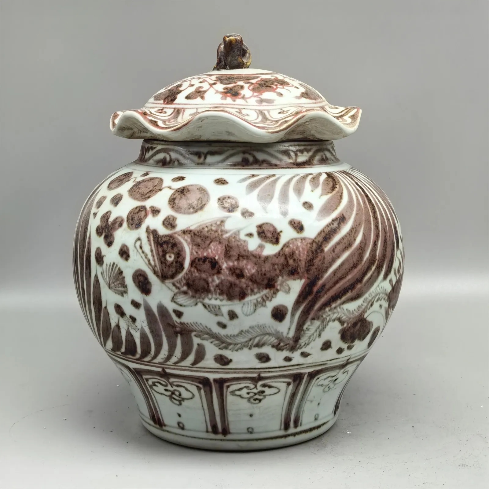 China Underglaze Red Porcelain Tea Caddy Pot Yuan Fish Design Lotus Shape 11.0