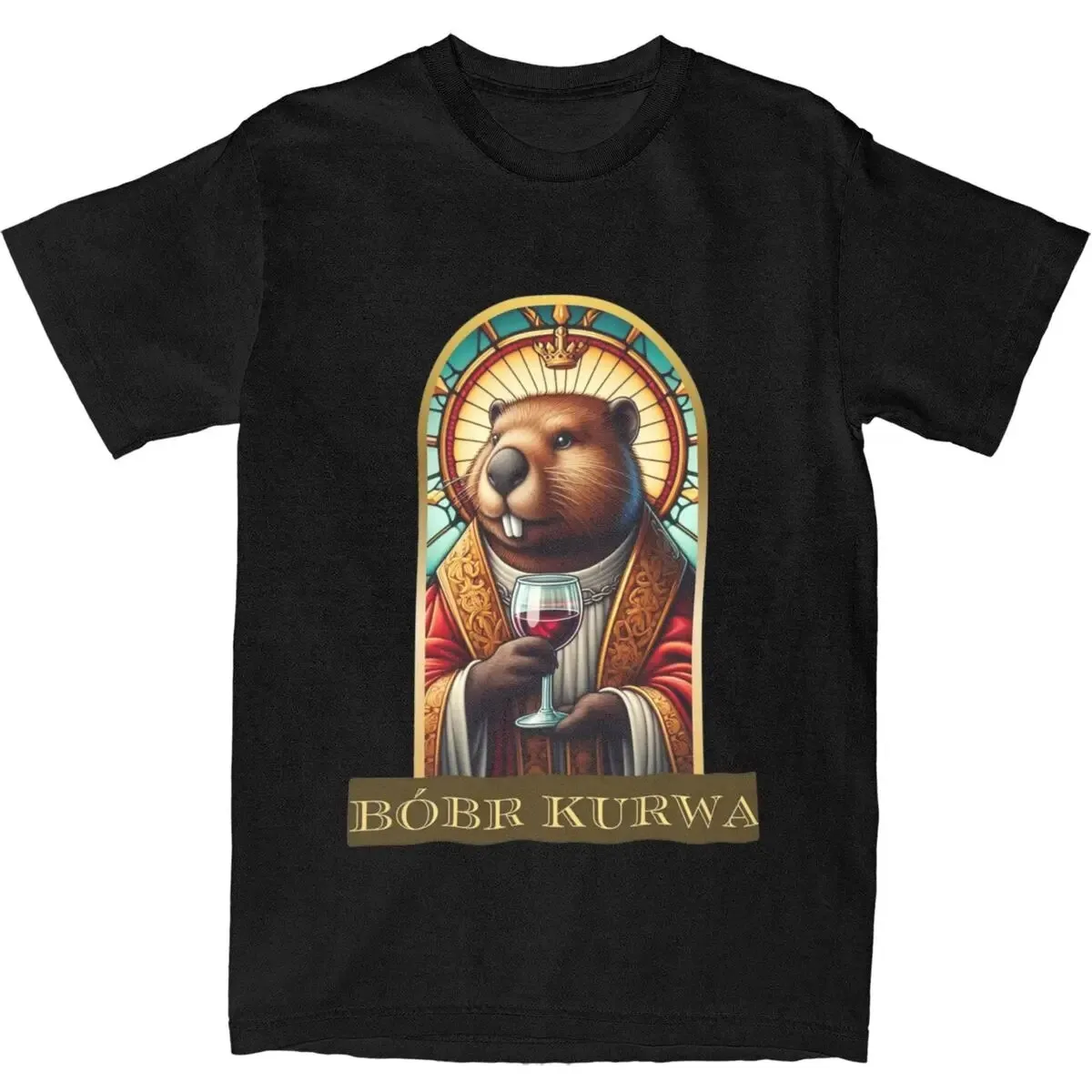 Saint Beaver Wine Drinking Polish Bobr Kurwa Graphic Tee Funny Men's Summer T-Shirt