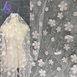 Pink three-dimensional flowers mesh gauze fabric star embroidery light top skirt garment decoration designer fabric