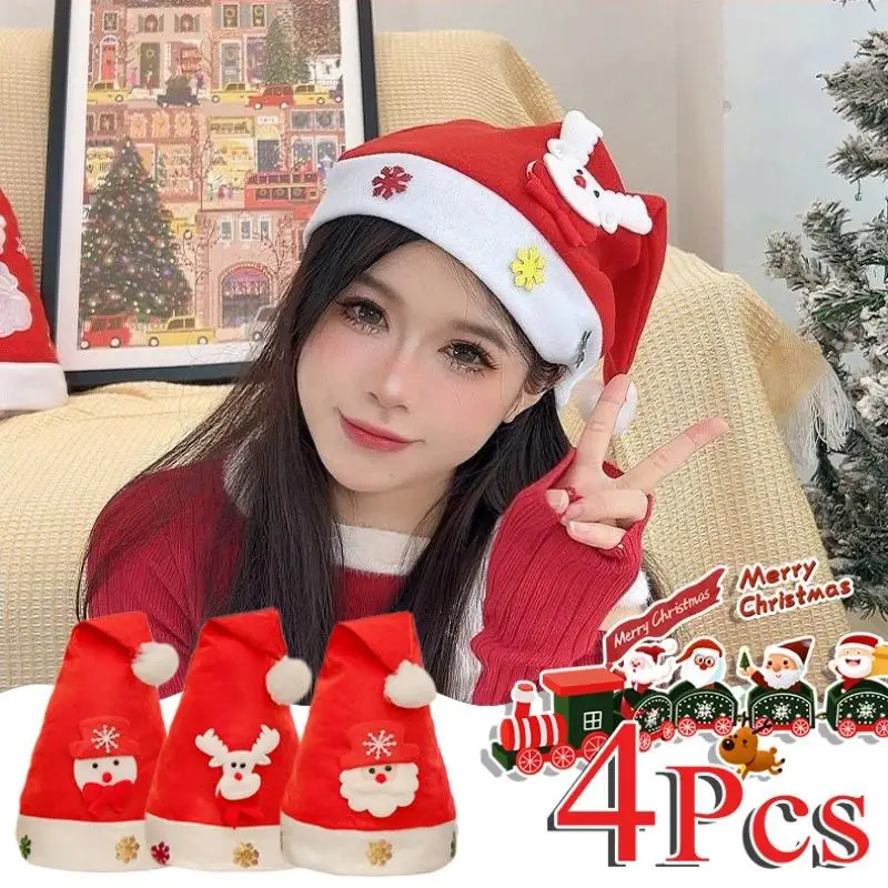 1/4Pcs Santa Claus Hat Christmas Hat Holiday Costume Hat for Adult & Kids Xmas New Year Party Supplies