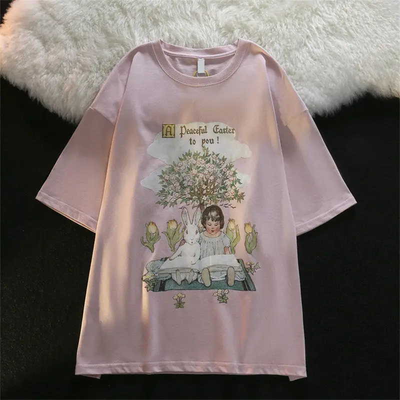 Camiseta de algodão para meninas, Tops rosa verde claro, roupa kawaii para adolescentes, menina coelho, alta qualidade, grande 2XL, verão 2022