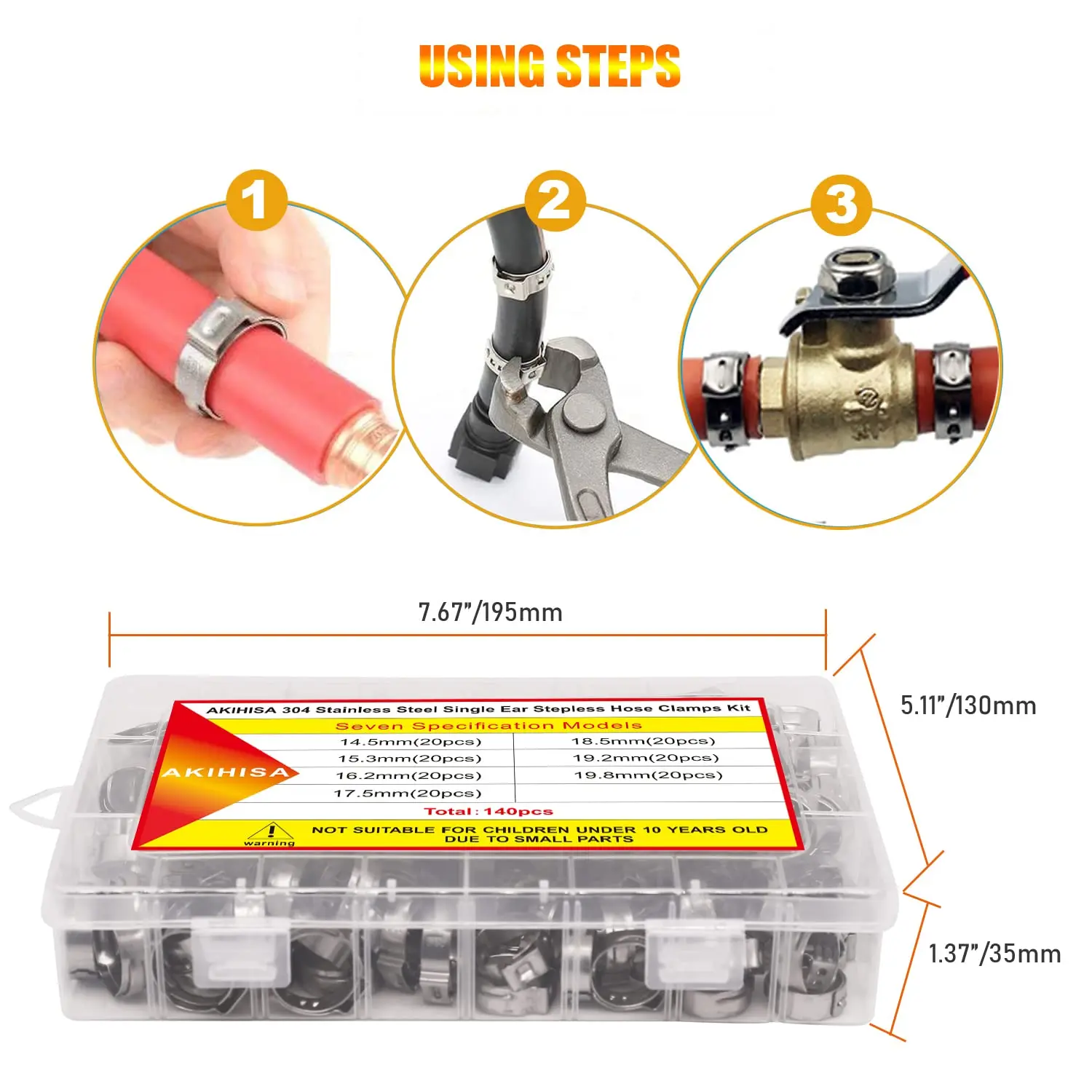 140PCS Hose Clamp High Quality Stainless Steel 304 Single Ear Hose Band Clamps Kit 14.5-19.8 mm Crimp Rings For Pipe Automotive