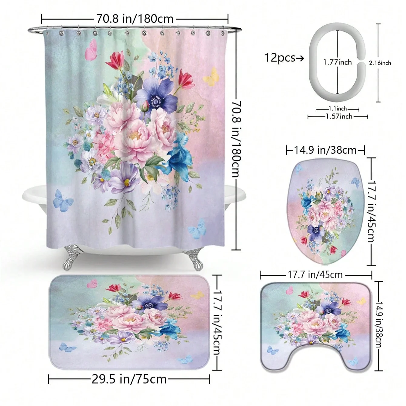 

4pcs Modern style printing Shower Curtain Set With 12 Hooks, Anti-Slip Bathroom Mat, U-Shaped Toilet Rug, Bathroom Curtain Set