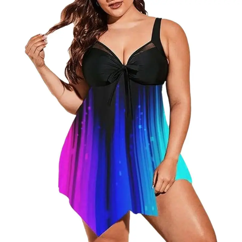 Plus Size Womens Ombre Print Bow Knot Contrast Mesh Tankini Sexy Casual Summer Beach swimsuit