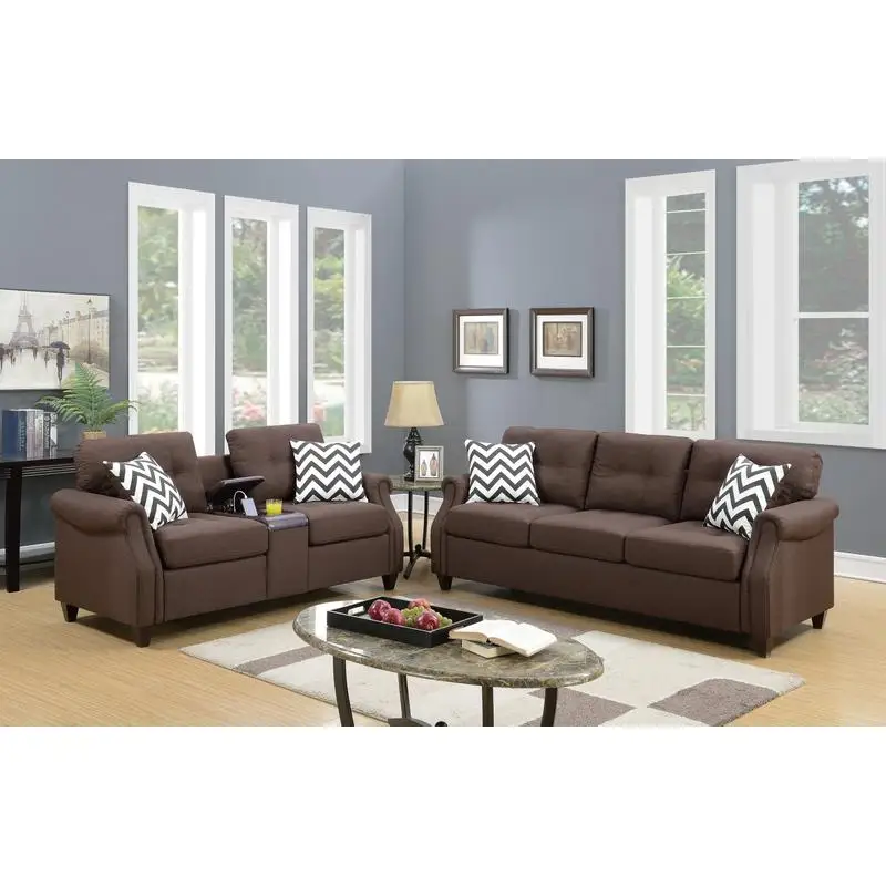 

Plush Polyfiber 2-Piece Sofa Set for Living Room, Dark Coffee Loveseat with Console and Pillows, Comfortable Couch