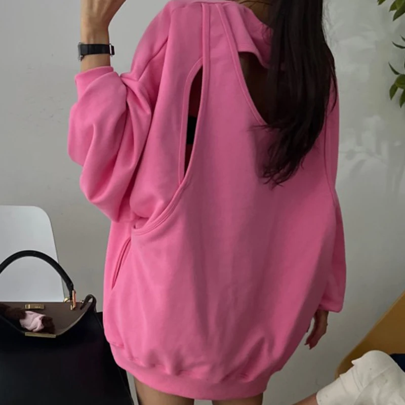 Neploe Korean Chic Lazy Style Round Neck Hoodies Spring Hollow Open Back Design Loose Casual Versatile Long Sleeve Sweatshirts