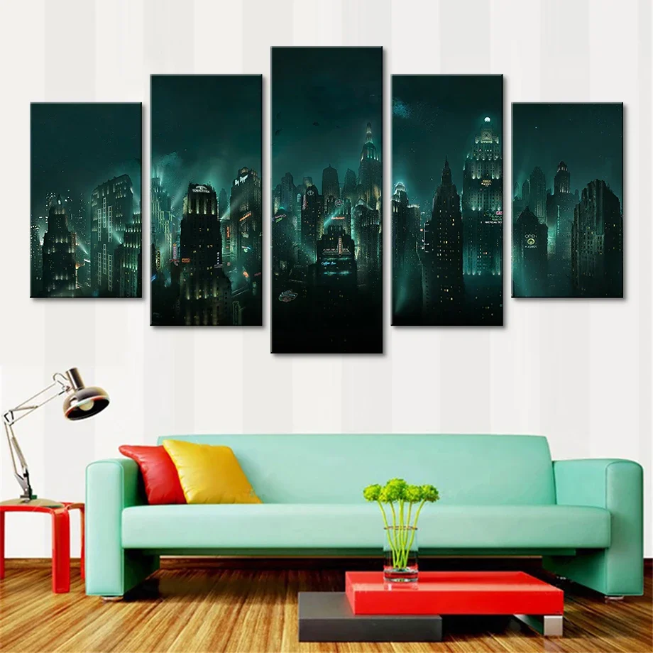 Affiches sur toile imprimées HD, 5 pièces, Bioshock Rapture, vue nocturne, peintures de jeu, images d'art murales modulaires pour salon