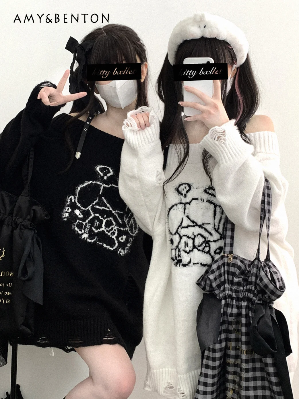 

Japanese Mines Cute Cartoon Print Off Shoulder Ripped Sweater Women Subculture Gothic Loose Oversized Sweater Autumn Winter New