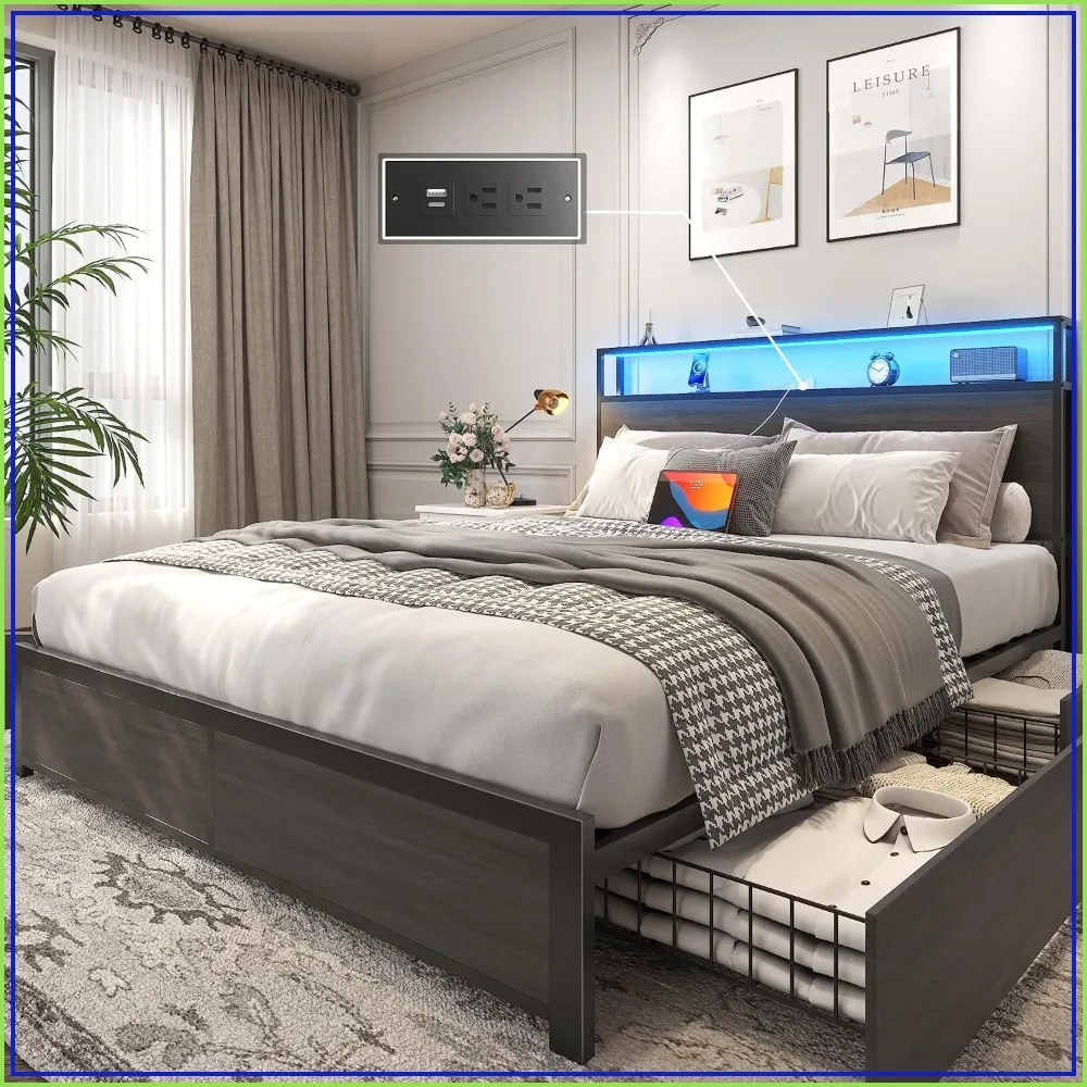 Queen Metal Platform Bed Frame with Storage Headboard, 4 Drawers, Charging Station, Rustic Grey