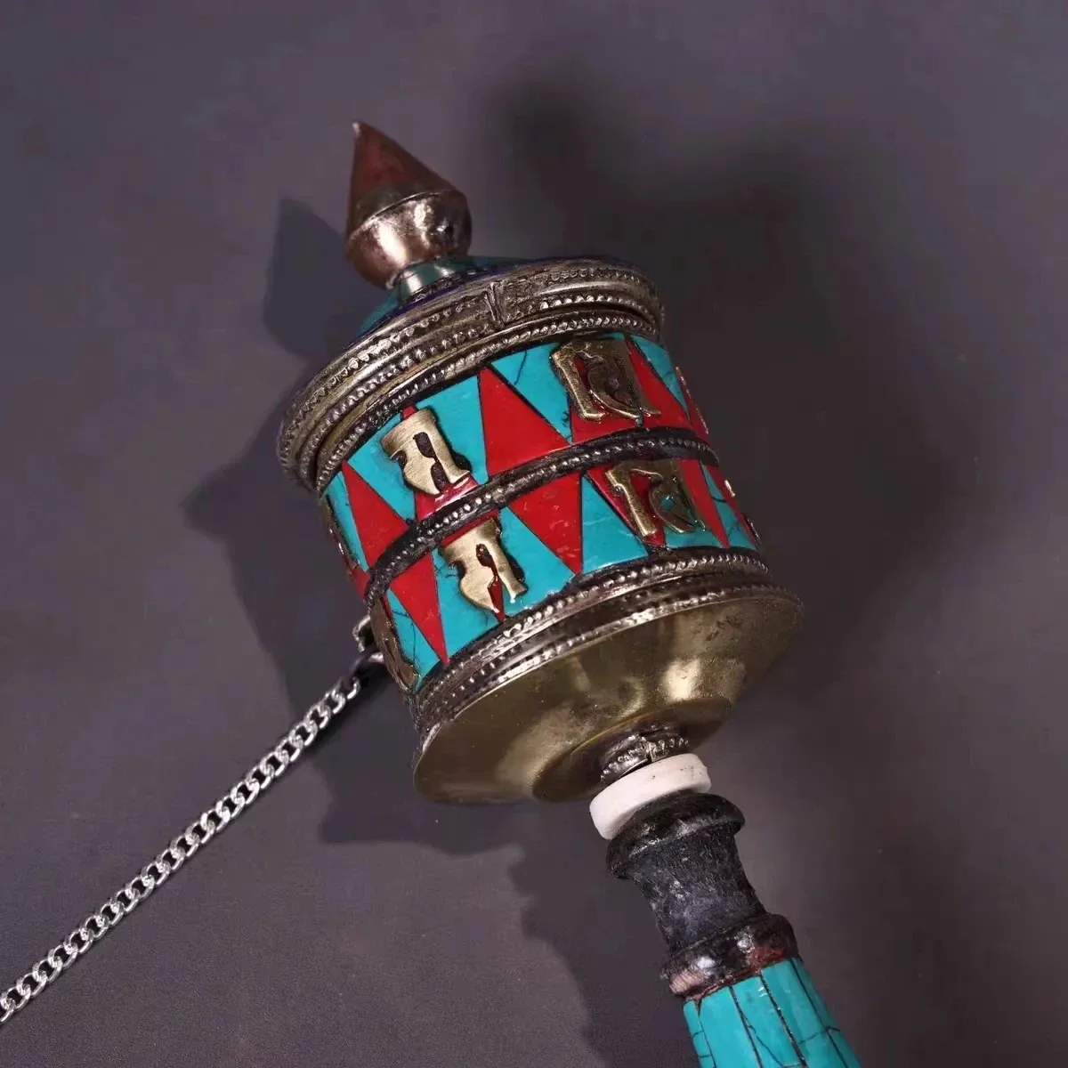 Elaborate Nepalese pure copper hand-built gemstone prayer wheel （It has Tibetan scriptures in it)