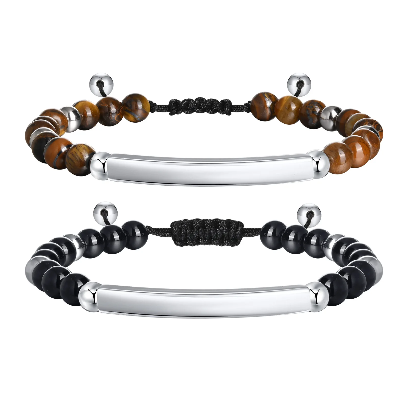 

Men's Braided Rope Chain Adjustable Bead Bracelets with Personalized Name Date Custom Engrave Stainless Steel Jewelry