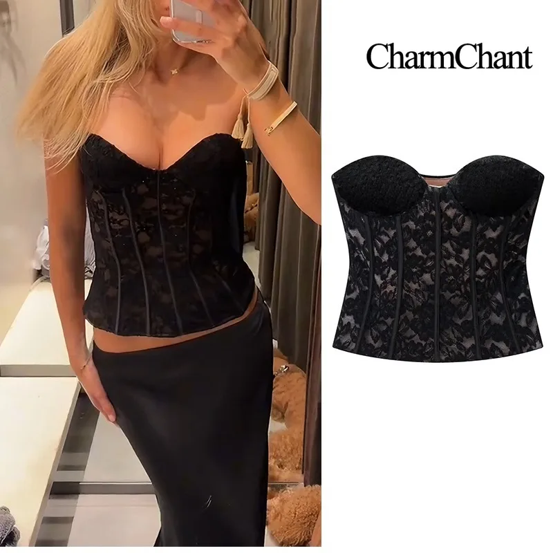 CharmChant Black Lace Strapless Corset Top for Women Sping Summer 2026 Y2K Harajuku  Fashion Elegant Sleeveless Shirt Female