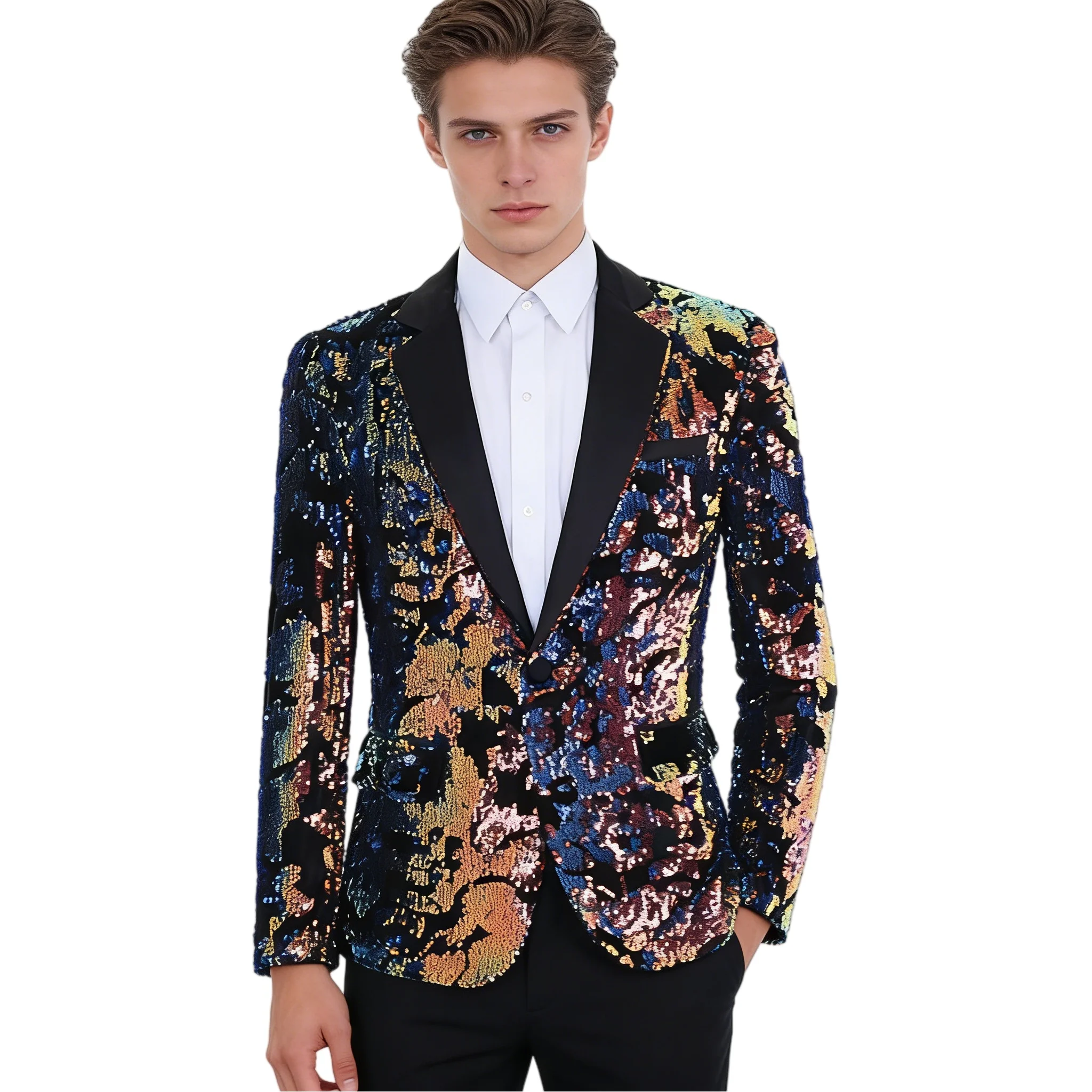 

Мужской модный приталенный блейзер с пайетками, на одной пуговице, блестящий смокинг-пиджак для выступлений на сцене, для певцов, ведущих, для ночных клубов