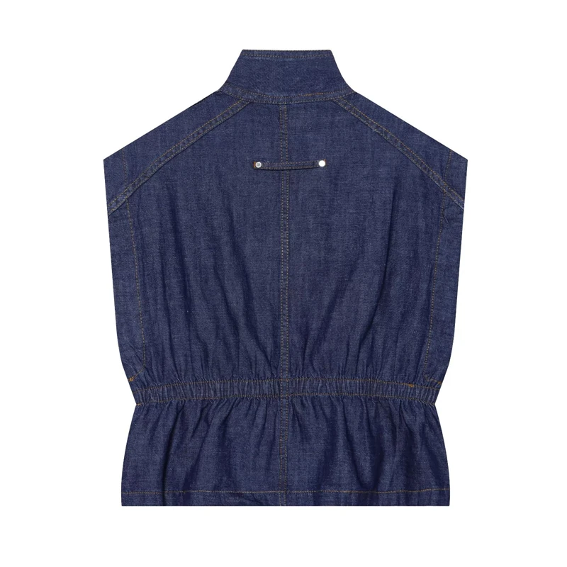 KEYANKETIAN 2026 Dark Wash Denim Sleeveless Vest Stand Collar Metal Snap Front Elastic Waist Cinch Cropped Waistcoat Outerwear