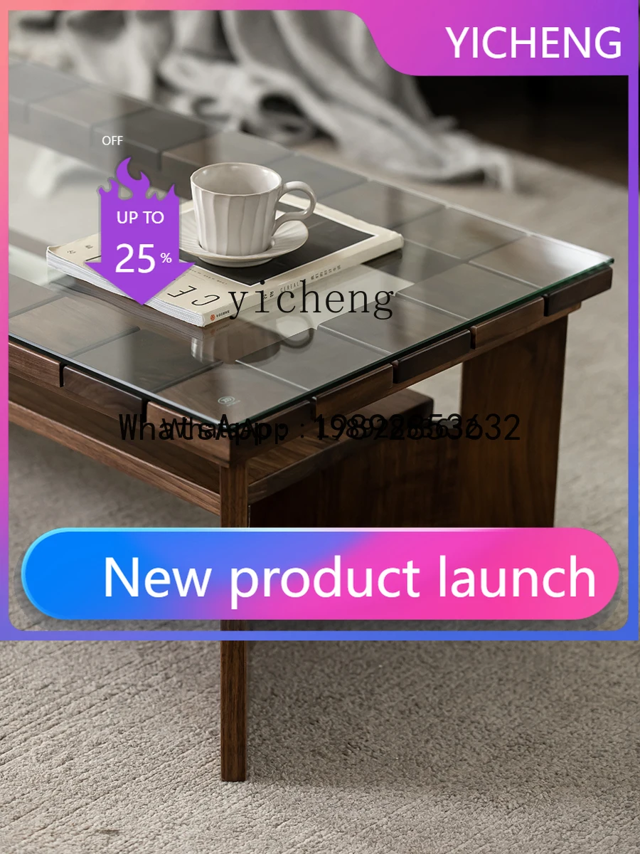 

B-3 Black Walnut Rectangular Double-Layer Glass Coffee Table Living Room Small Tea Table