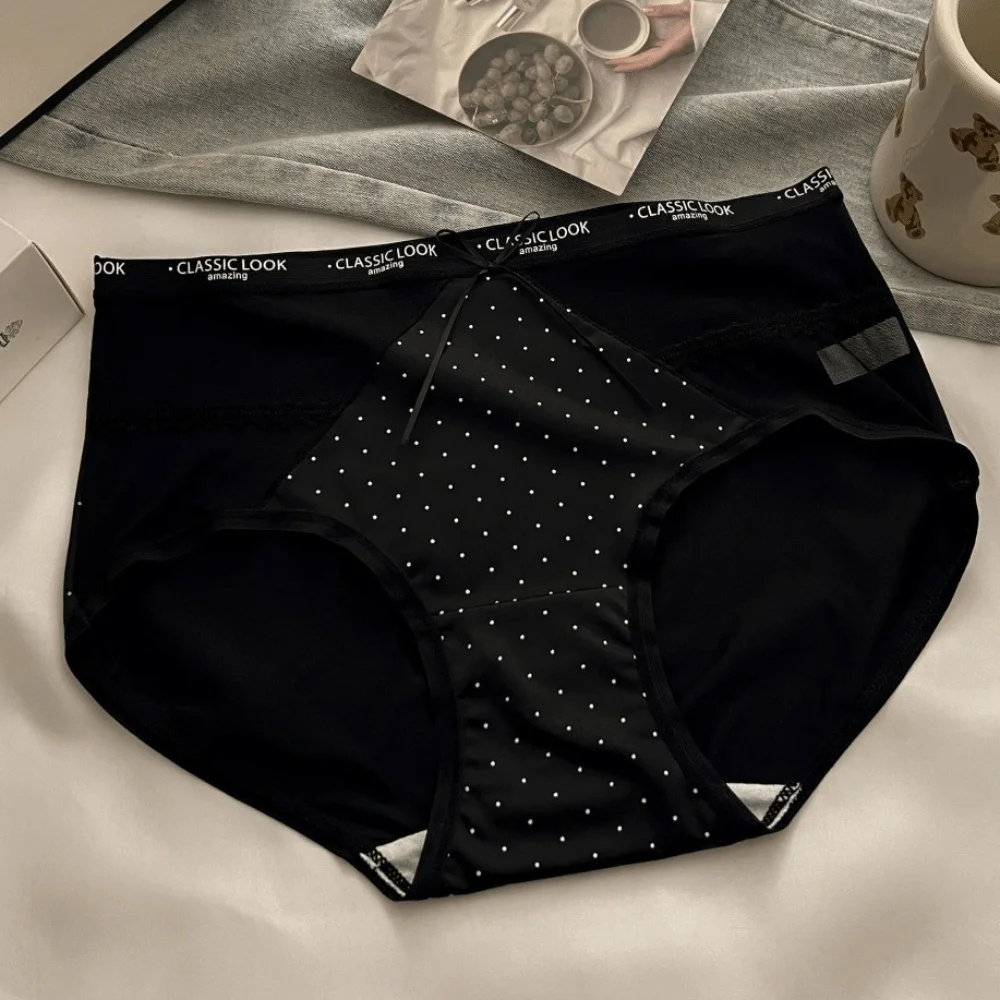 Breathable Mesh Women's Underwear Bow Satin Wave Point Underpants Hollowed-out Seamless Briefs Women
