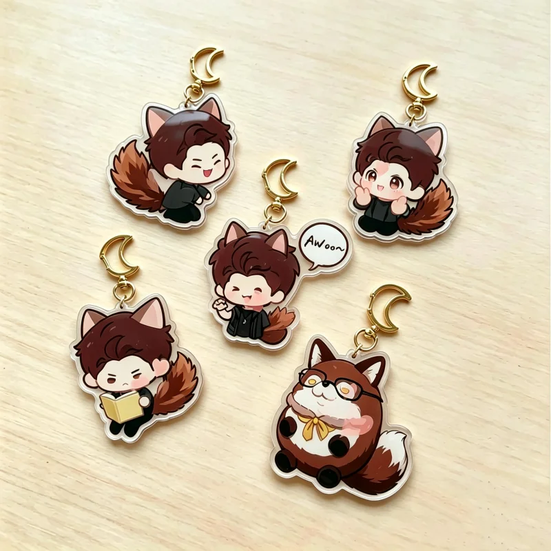 Love and Deepspace Valko Chibi Acrylic Keychain Set – 5 Cute Wolf Boy Pendants with Moon Charm, Anime Game Merch Gift for Fans