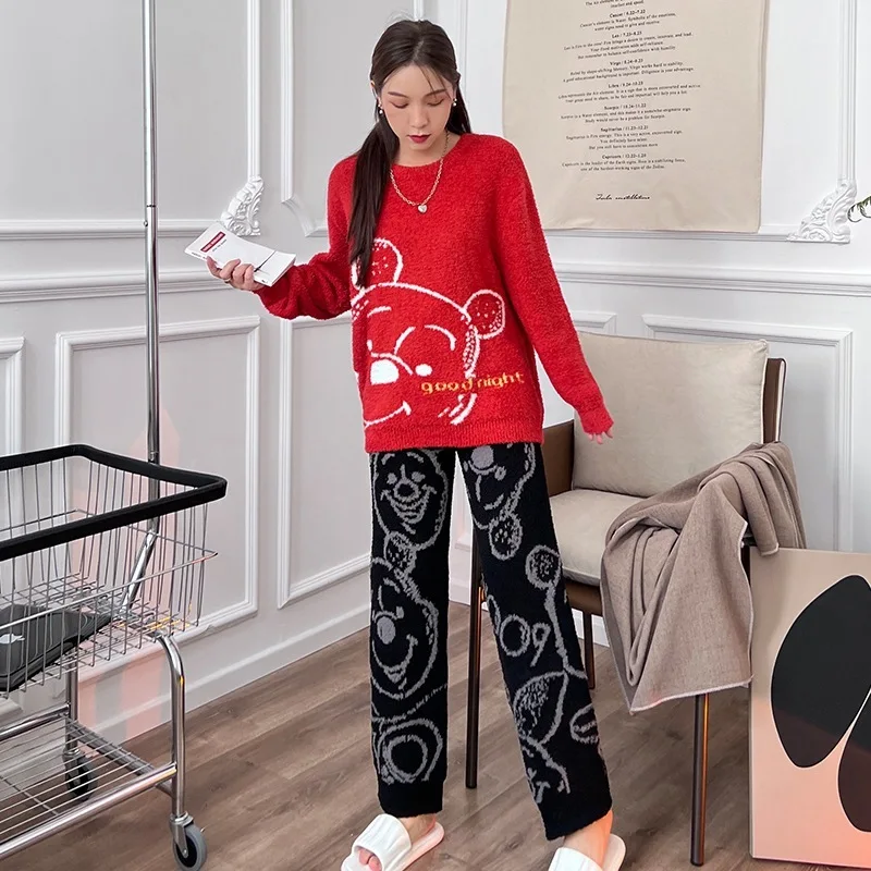 TXii Newlook Age-reducing cartoon bear pajamas women's autumn and winter fleece-lined thickened warm soft knitted wool 