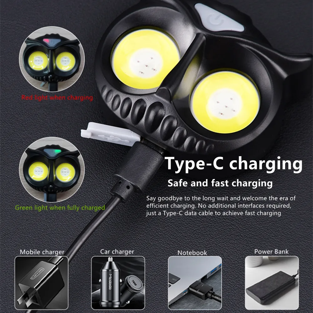 High Power COB LED Headlights Built-in Battery Magnetic Absorption Induction Small Creative Owl Headlamp