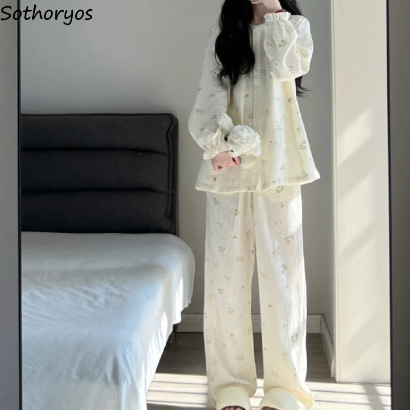 

Пижамные комплекты, Женская Цветочная одежда для сна, домашняя Студенческая мешковатая повседневная одежда с длинным рукавом для отдыха в Корейском стиле, универсальное милое базовое общежитие