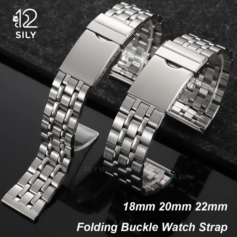 Pulsera para reloj inteligente de 18mm, 20mm, 22mm, hebilla plegable de acero inoxidable plateada, correa para reloj para hombre y mujer, correa deportiva para reloj