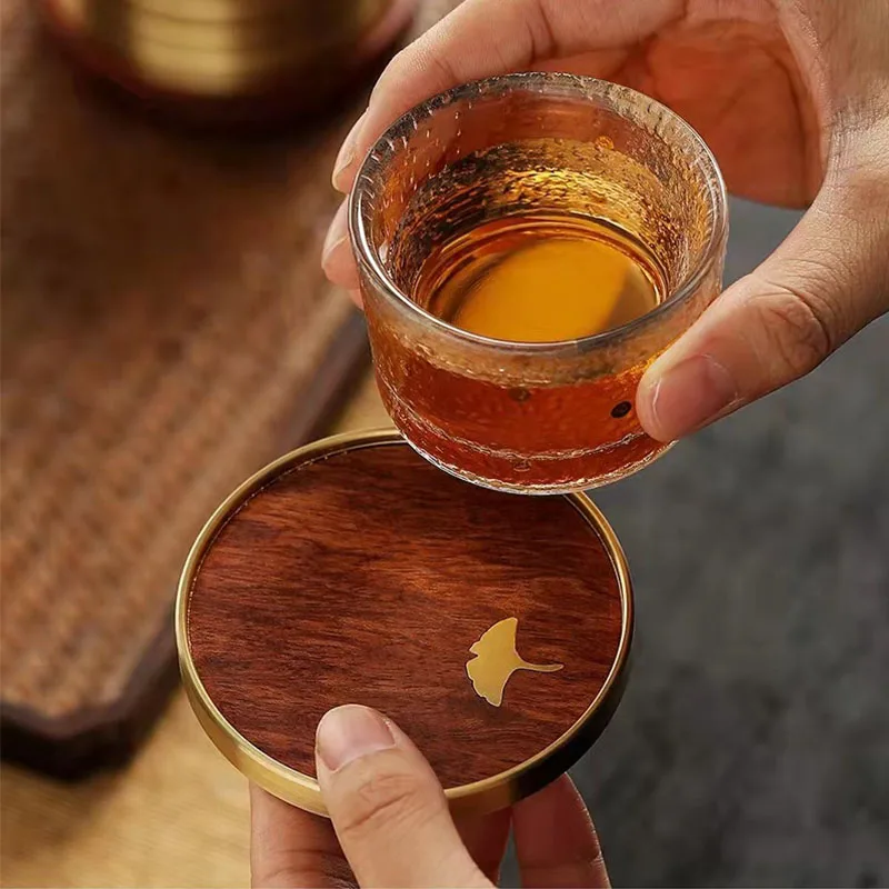 Rosewood Ebony Coasters Set, Solid Wood Cup Mat, Heat Resistant, Table Drink Coffee, Tea, Wine, Inlaid Copper, Non-slip, Decor