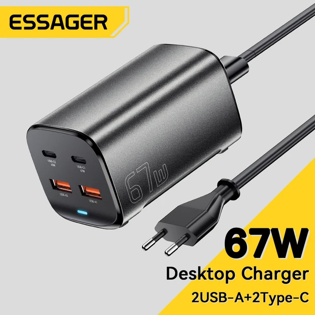 Essager 67w usb c gan carregador desktop carga rápida 4.0 qc 3.0 pd tipo c carregamento rápido para macbook samsung popc iphone 15 portátil