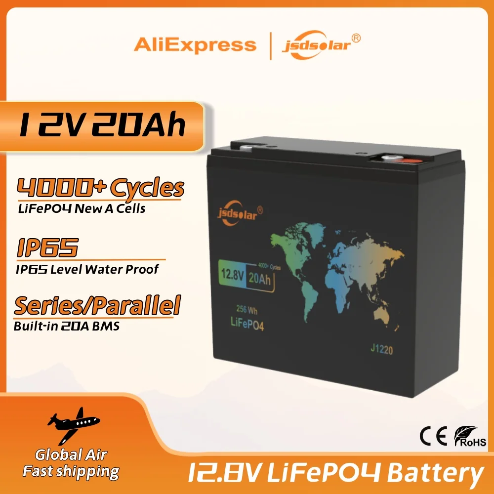 

jsdsolar 12V 20Ah LiFePO4 Battery 4000+ Cycles Rechargeable Lithium Battery for Solar Lighting Camping Power Wheels Fish Finder
