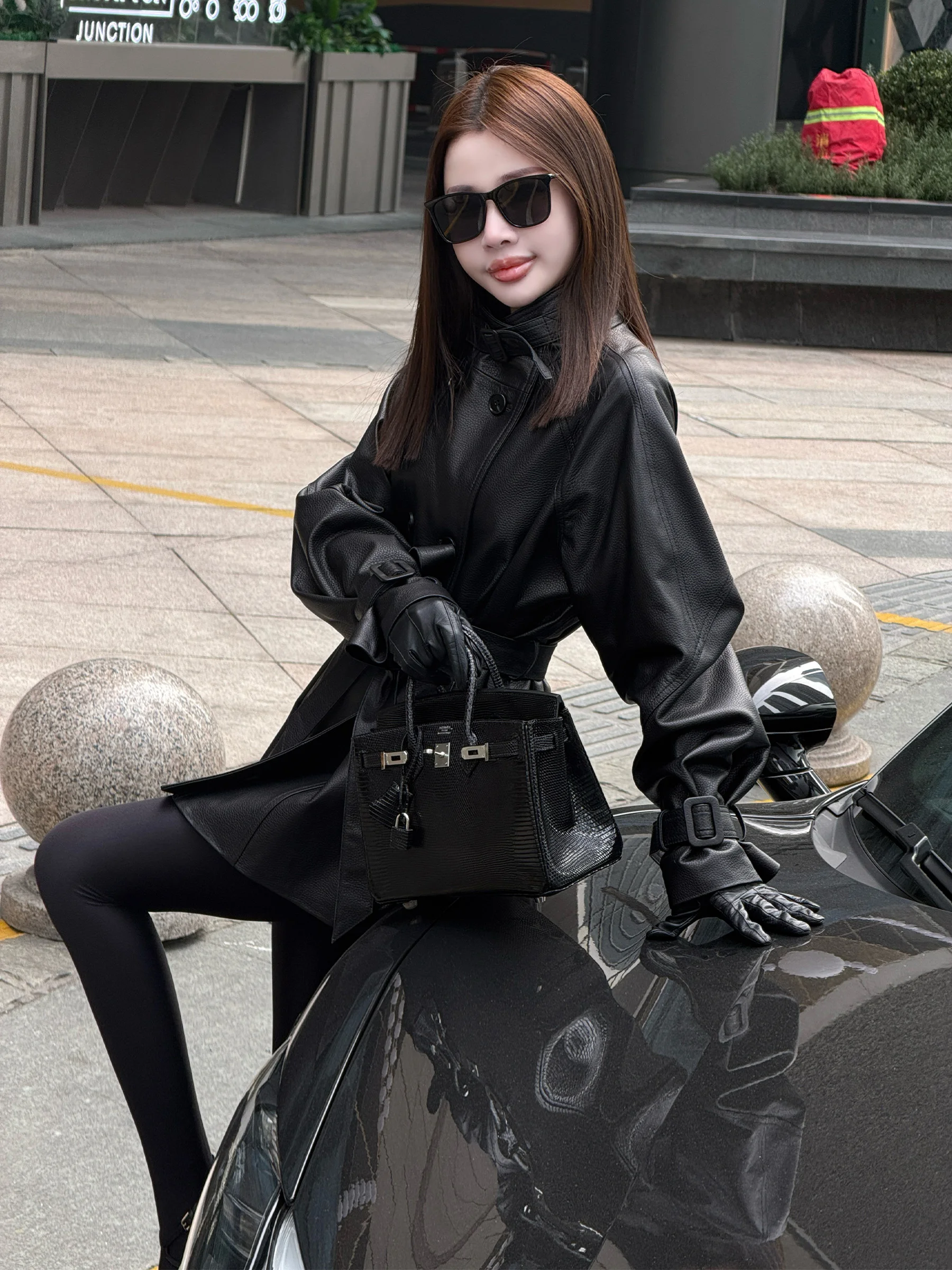 

Cool Sli Double-Row Buttoned Genuine eepskin Leather Jaet Women's Trendy Belted Coat High Waist Design Long Sves