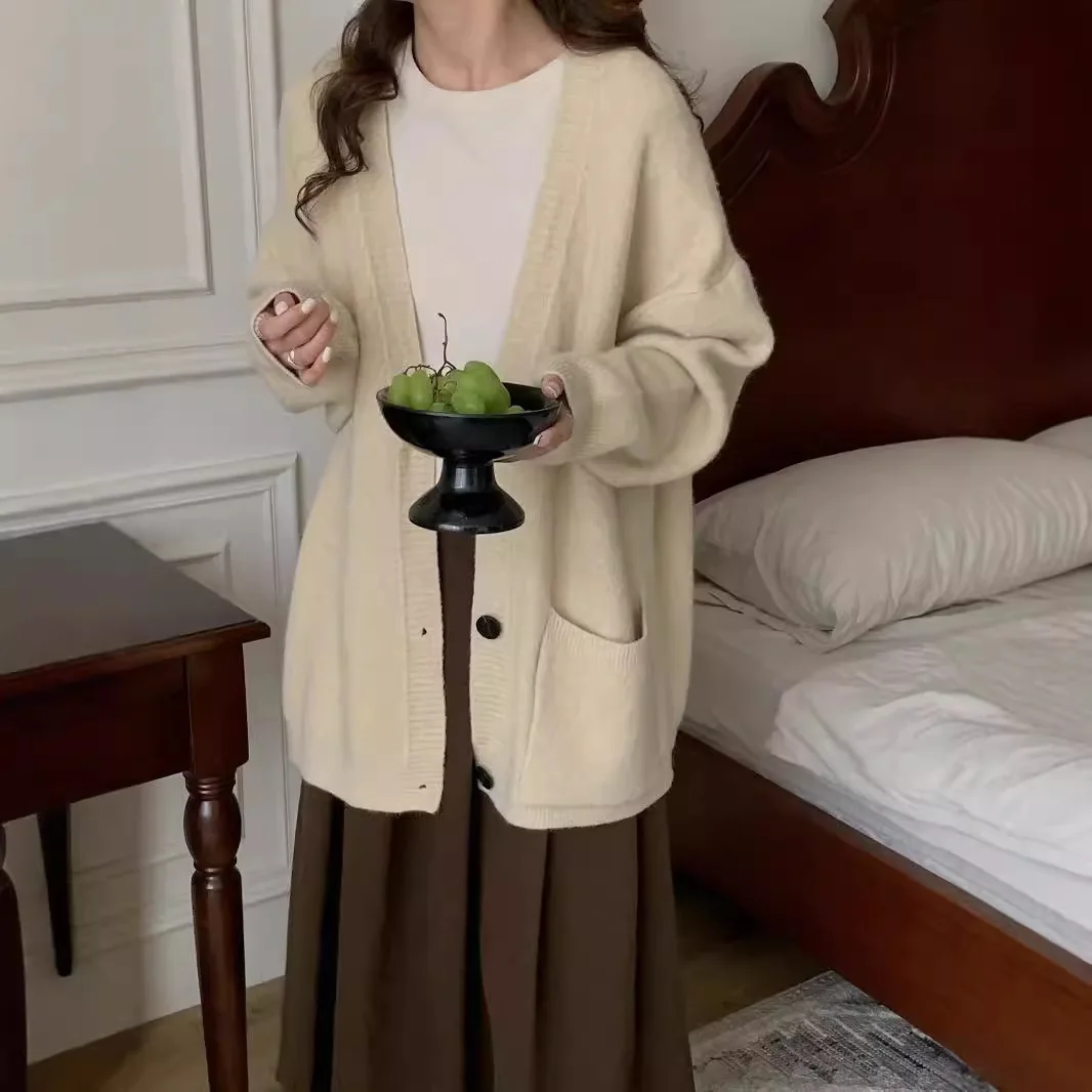 

Loose Long Sleeve V-Neck Knitted Open Cardigan Women's Spring Autumn New Arrival Soft Cozy Outerwear Sweater E11158