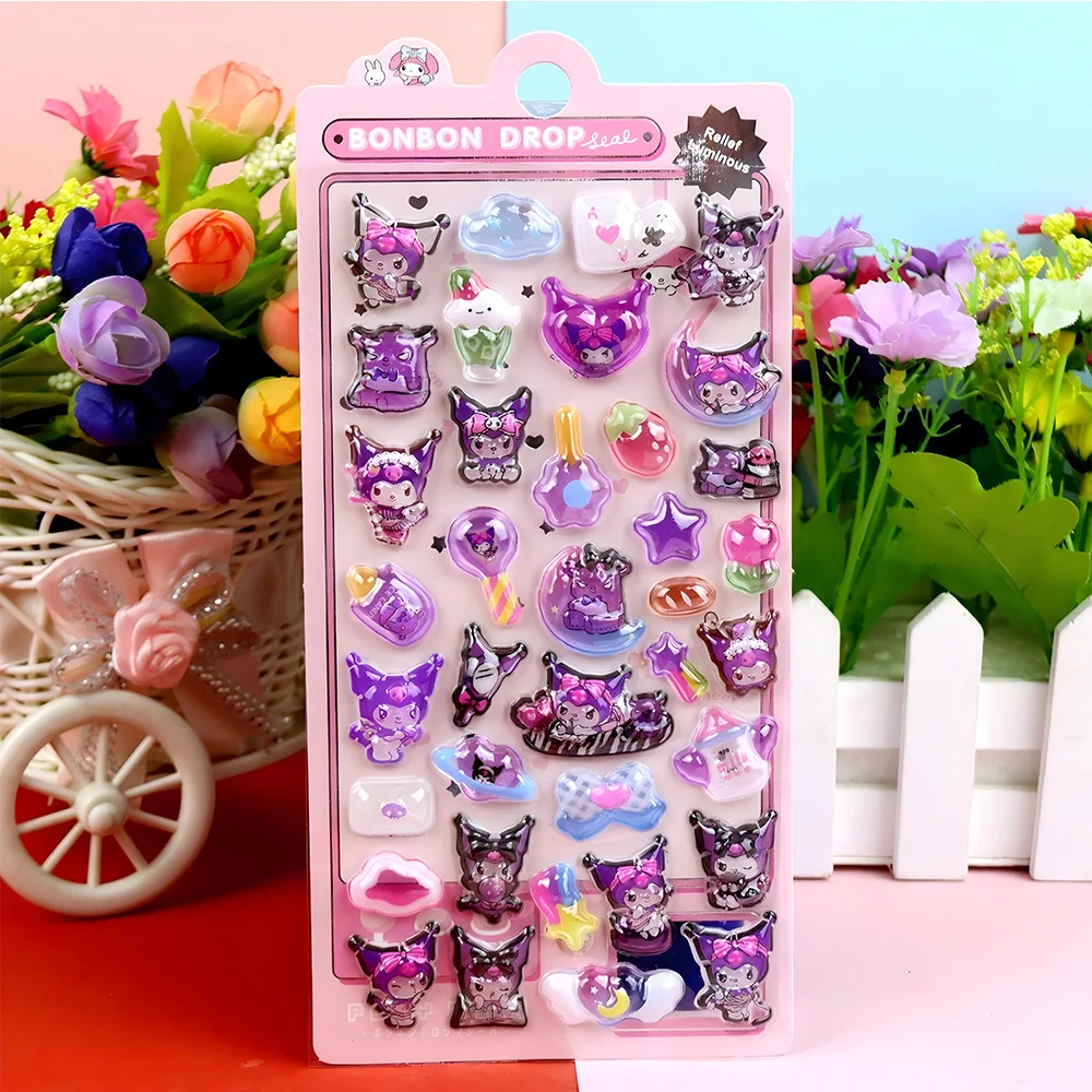 Świecące, urocze naklejki 3D Sanrio z efektem reliefu, kawaii dziewczynki Kuromi Cinnamoroll My Melody, kryształowe naklejki, zestawy naklejek do dekoracji dla dzieci.