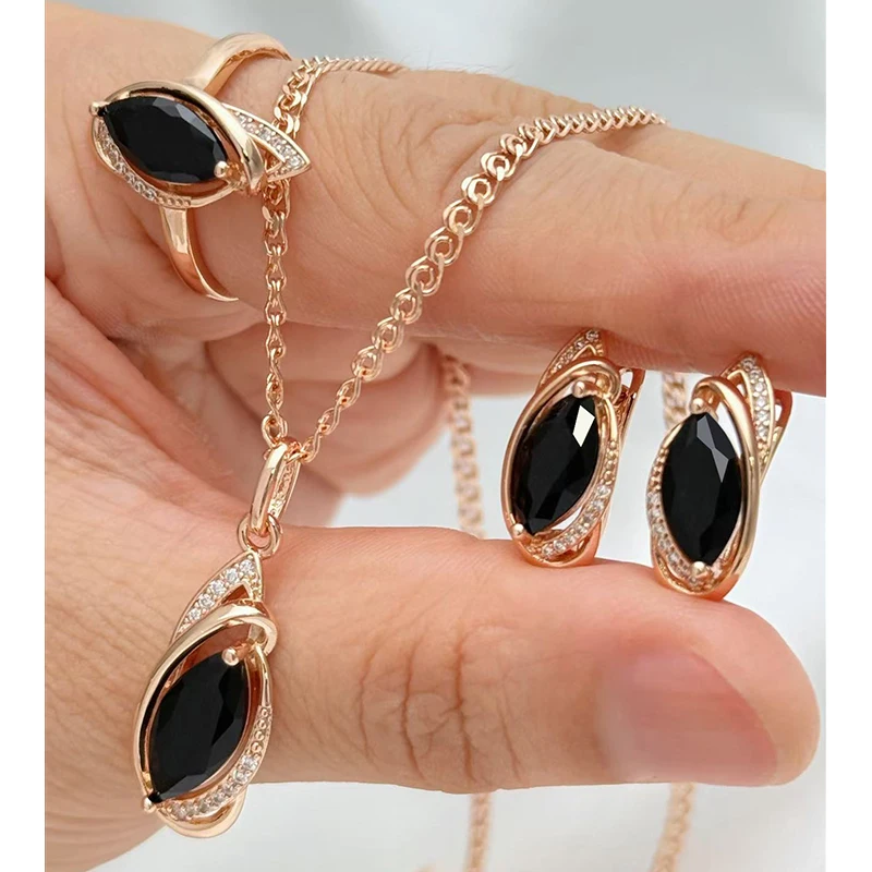 Kinel Hot Rhombus Black Stone Ethnic Bridal Jewelry Sets Fashion 585 Rose Gold Color Ring Earrings Necklace Daily Fine Jewelry