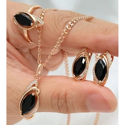 Kinel Hot Rhombus Black Stone Ethnic Bridal Jewelry Sets Fashion 585 Rose Gold Color Ring Earrings Necklace Daily Fine Jewelry