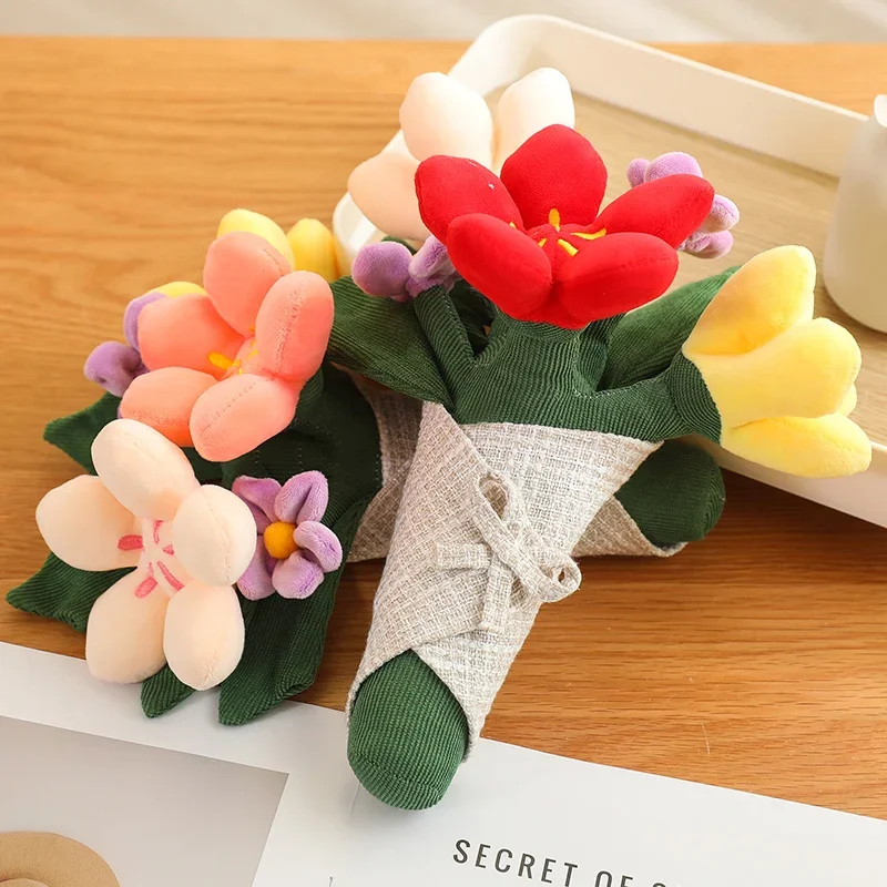 

Cute Plush Flower Bouquet Soft Stuffed Tulip Lily Flower Arrangement Forever Artificial Plush Flower Potted Pendant Home Decor