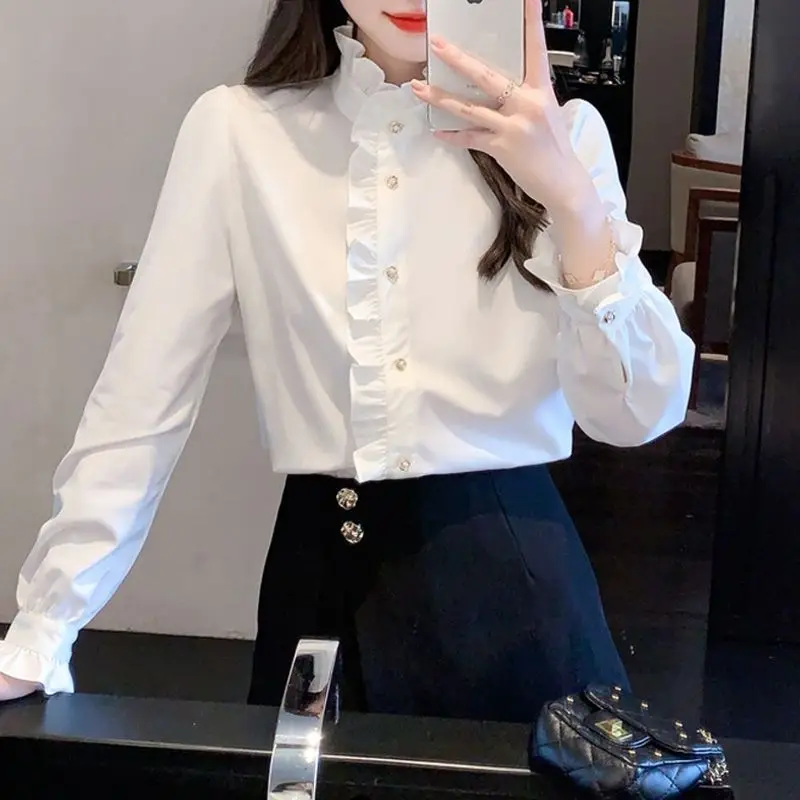 French Court Style Lotus Leaf Edge Standing Collar Shirt for Women New White Interior Shirt High-end and Chic Top